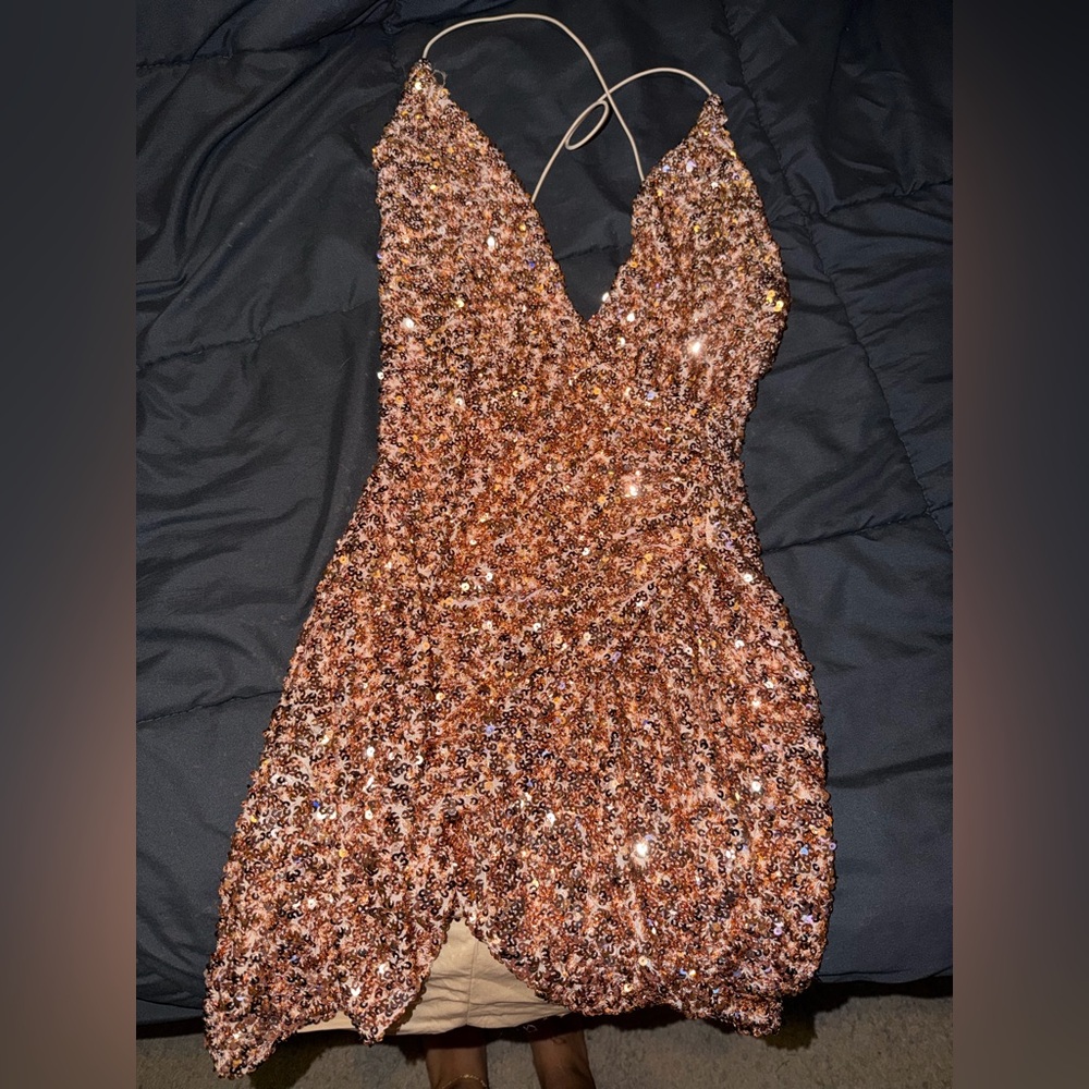 Fashion Nova Sparkling Rose Gold Mini Dress
